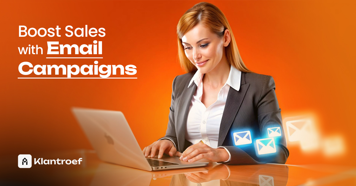 Businesswoman using a laptop with animated email icons, symbolizing success through email marketing campaigns.