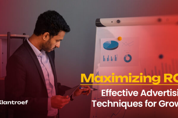 A marketing professional in a suit examines a flipboard with bar and pie charts, representing data-driven advertising strategies for ROI growth.