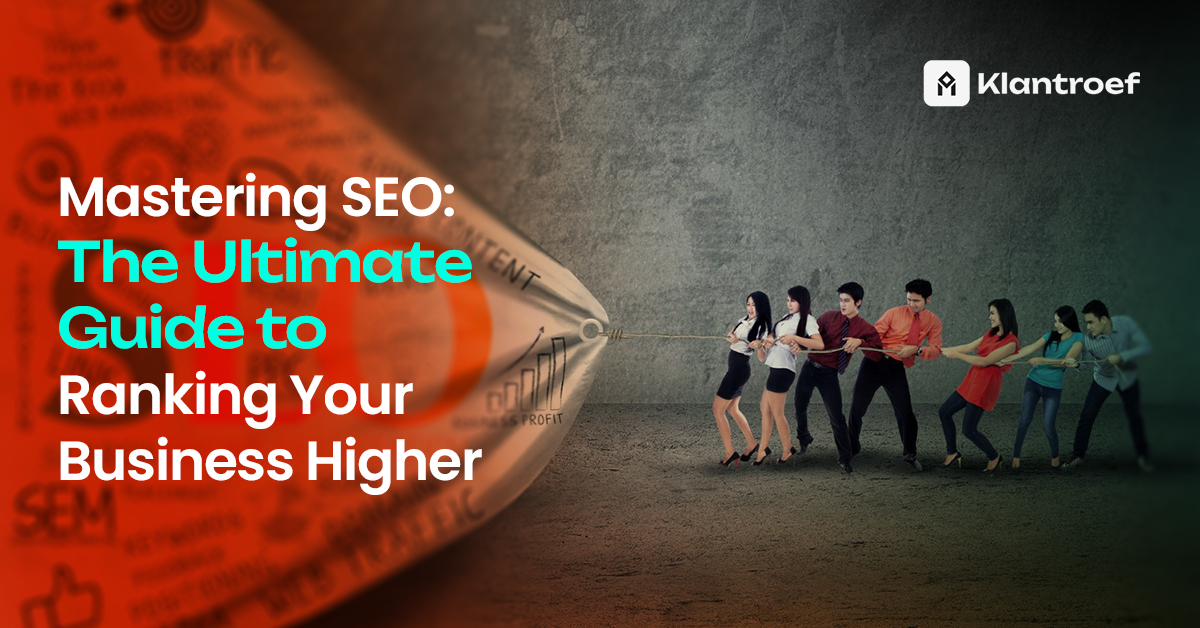 Team of professionals pulling a large SEO infographic banner in a tug-of-war style, symbolizing the effort to rank higher in search.