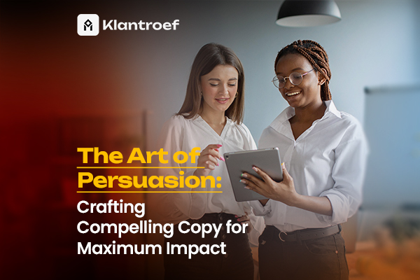 Two professionals reviewing persuasive content on a tablet, collaborating on impactful copy strategies.