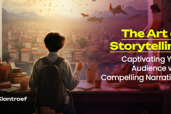 Back view of a person at a desk, overlooking a vibrant cityscape with flying books and planes—symbolizing storytelling.