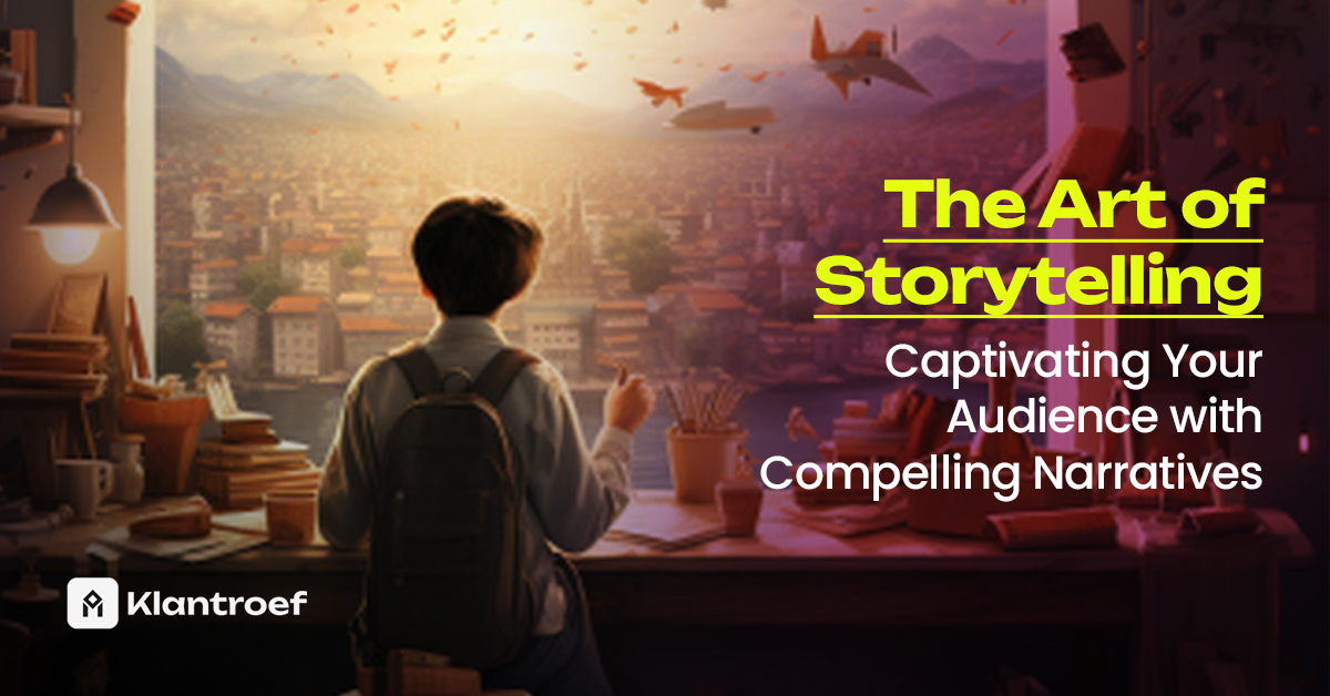 Back view of a person at a desk, overlooking a vibrant cityscape with flying books and planes—symbolizing storytelling.
