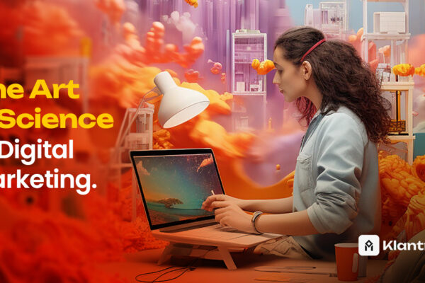 A focused woman works on a laptop surrounded by a surreal, colorful digital world, symbolizing the creative and analytical blend of digital marketing.
