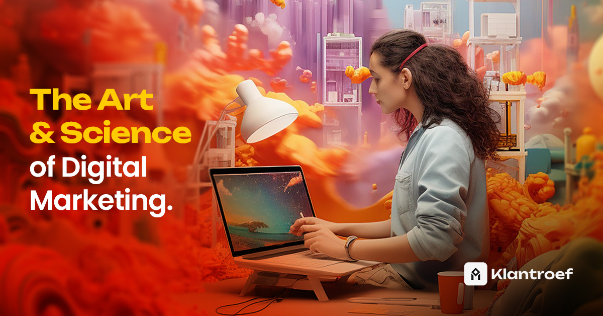 A focused woman works on a laptop surrounded by a surreal, colorful digital world, symbolizing the creative and analytical blend of digital marketing.