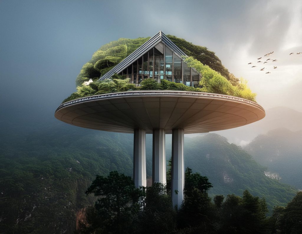 A modern, futuristic building perched atop a tall, circular platform, supported by three large pillars. The structure features a sleek, angular roof and large glass windows, seamlessly integrated with lush greenery that covers much of the building and its surroundings. The platform hovers above a verdant forested landscape, shrouded in mist and clouds, with mountains visible in the background. A flock of birds flies nearby, adding a dynamic element to the serene and innovative architectural scene.