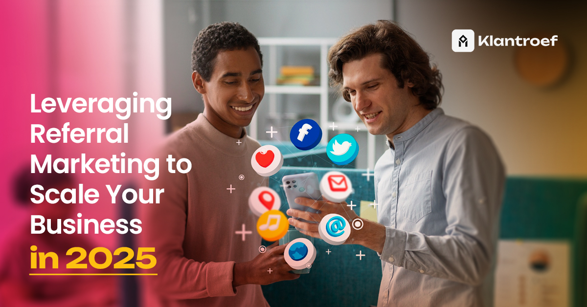 Referral network illustration showing customers sharing a brand with friends via digital platforms