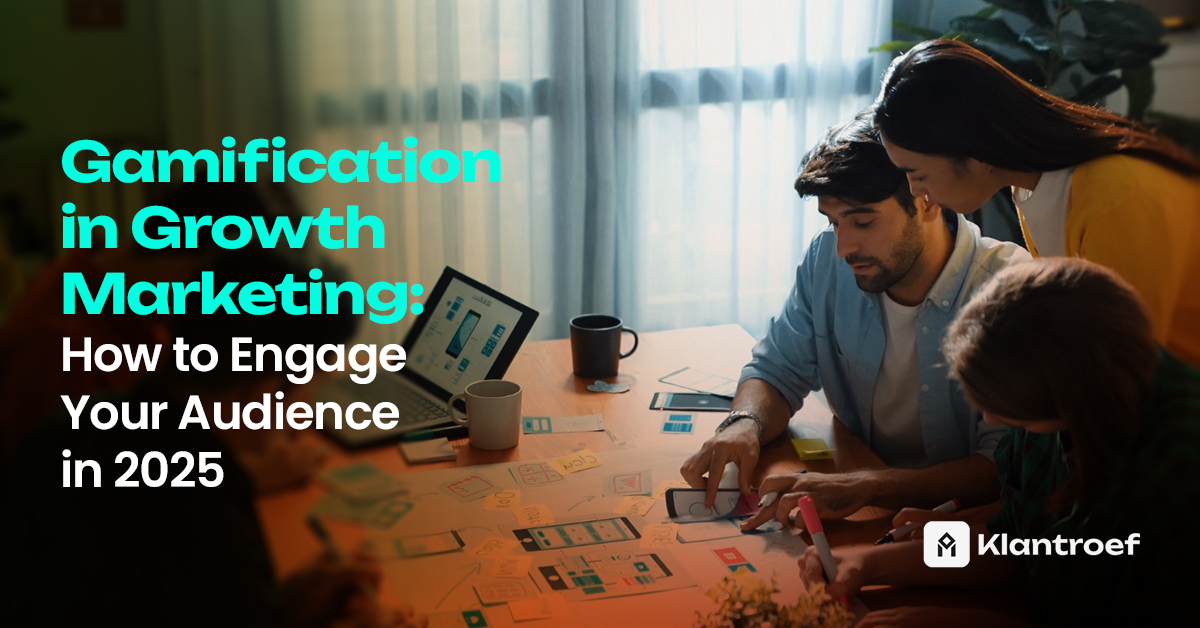 A team collaborates around a table with UI/UX wireframes and gamification concepts, representing audience engagement through game mechanics.