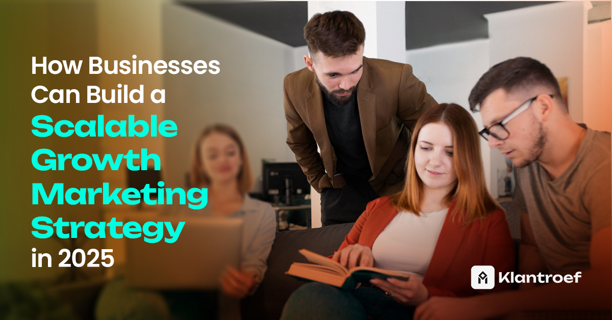 A team of professionals collaborating over a book and laptop, symbolizing planning for a scalable growth marketing strategy.