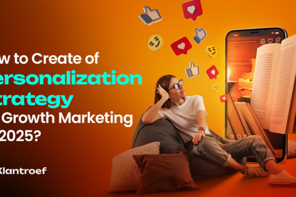 A woman relaxing with floating emojis and a giant smartphone showing an open book, symbolizing digital personalization and engagement.