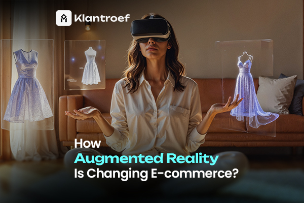 Woman using a VR headset to explore virtual dresses, showcasing augmented reality's impact on online shopping.
