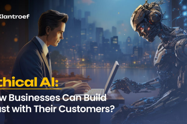 Business professional and AI robot collaborating on laptops at night cityscape, symbolizing ethical AI and trust in technology.