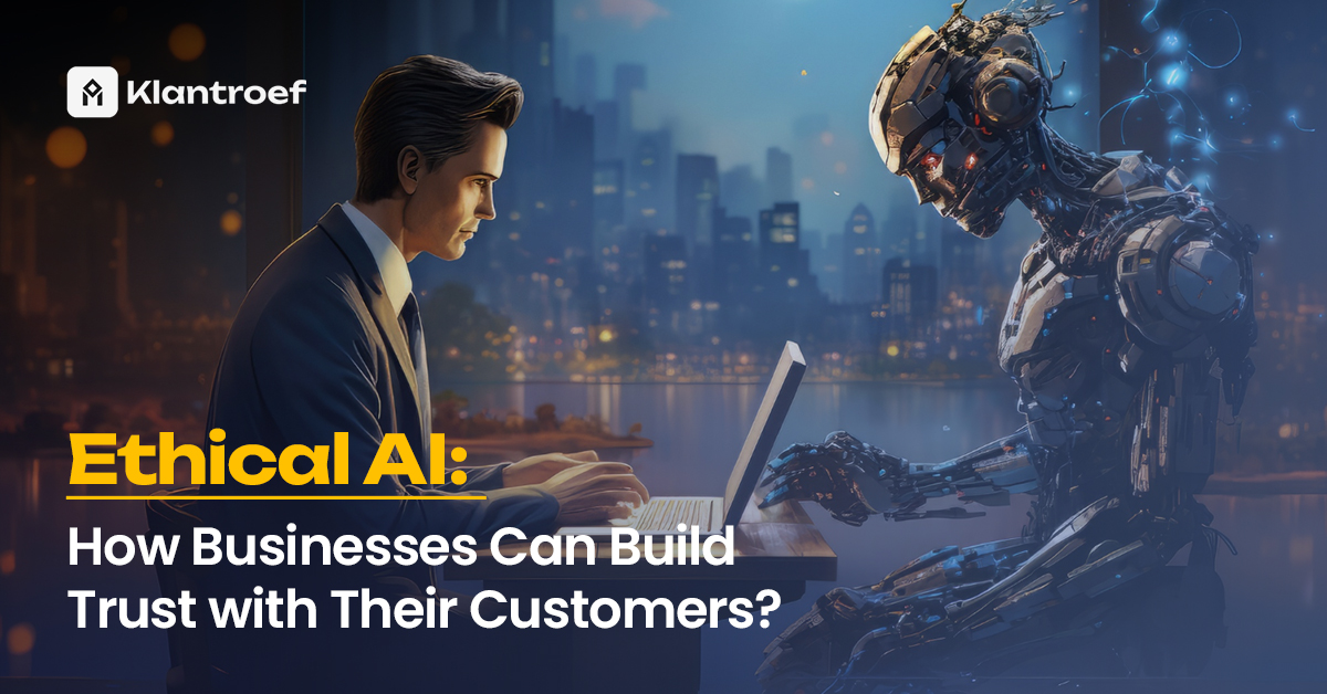 Business professional and AI robot collaborating on laptops at night cityscape, symbolizing ethical AI and trust in technology.