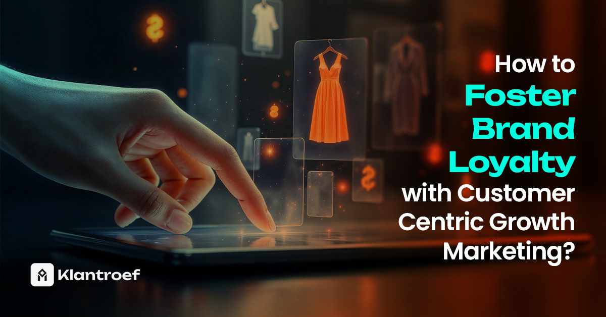 A hand interacting with a digital shopping interface showing a floating orange dress, symbolizing online retail and personalized marketing.