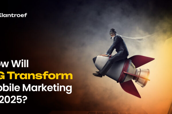 A businessperson in a cape riding a rocket, symbolizing speed and innovation, with a bold question about 5G’s impact on mobile marketing.