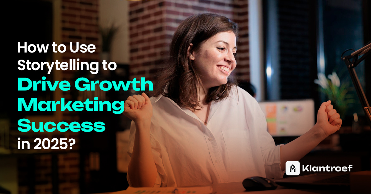 A woman smiling and gesturing enthusiastically at her desk, representing the power of storytelling in marketing.