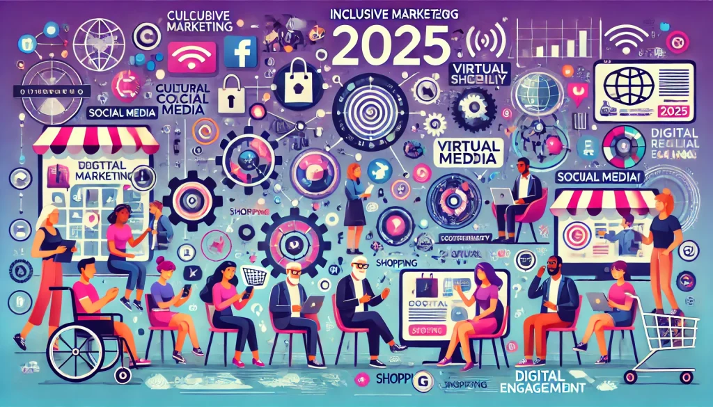 Creating an Inclusive Marketing Strategy in 2025," featuring a diverse group of people engaging with digital and social media elements in a connected, inclusive, and futuristic setting. This image emphasizes accessibility, cultural representation, and the importance of inclusivity in modern marketing strategies.